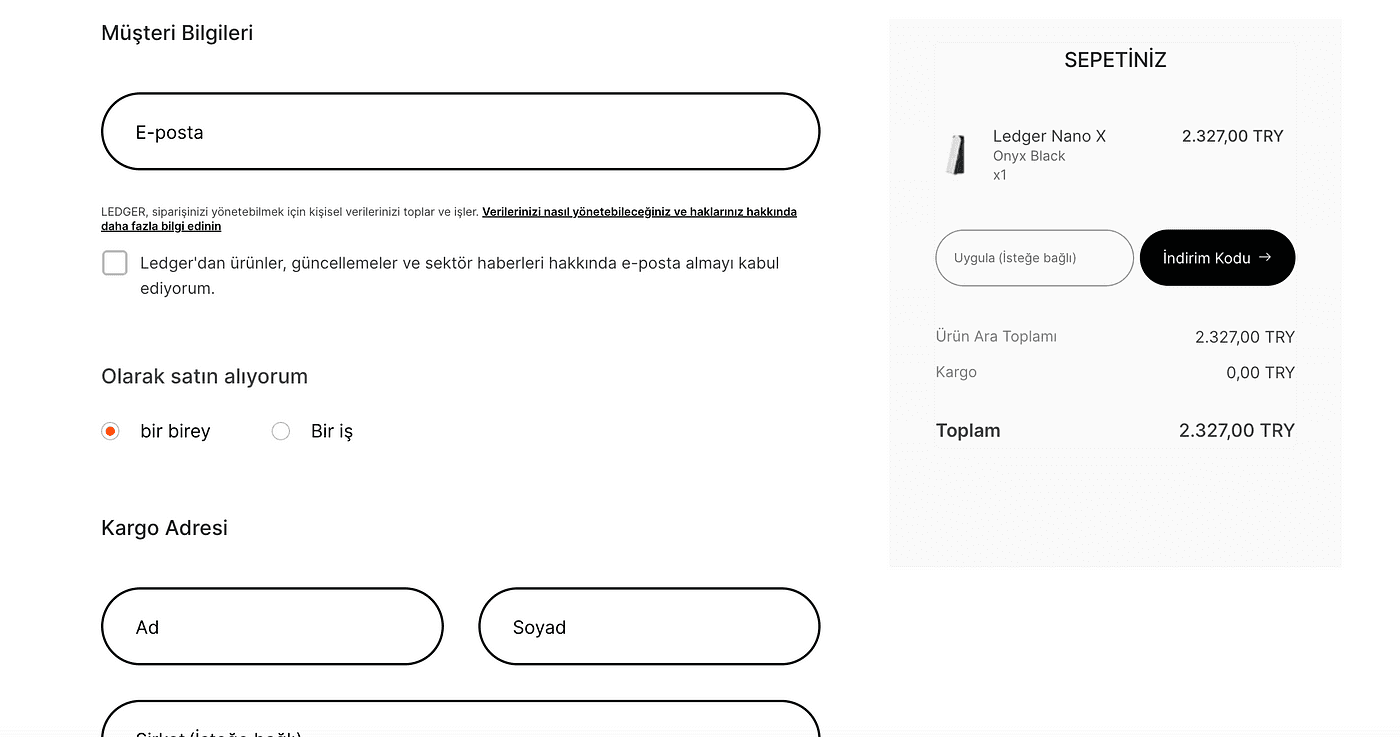 ledger nano x sipariş ekranı